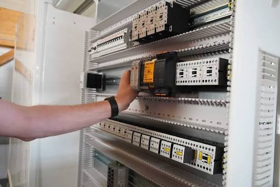 Arbeit am Schaltschrank mit montierten Steuerungs- und Schutzkomponenten